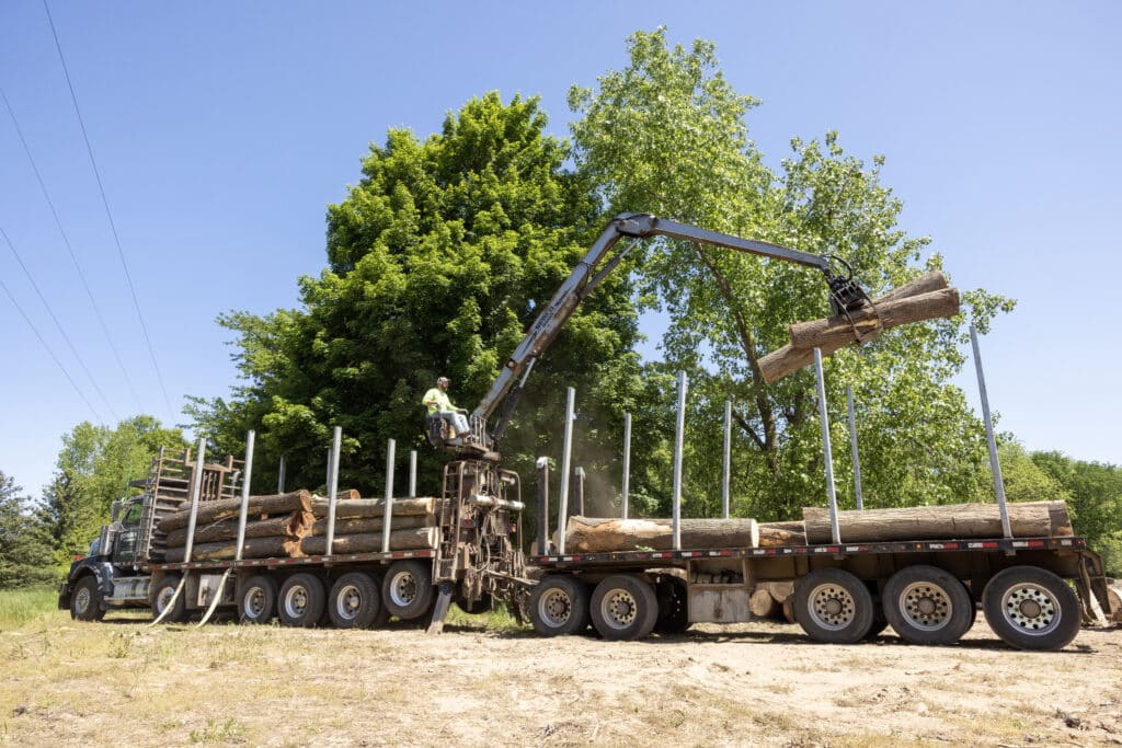 The Buskirk Lumber timber-hauling trucking division collects harvested timber to transport it to their sawmill in Freeport, MI.